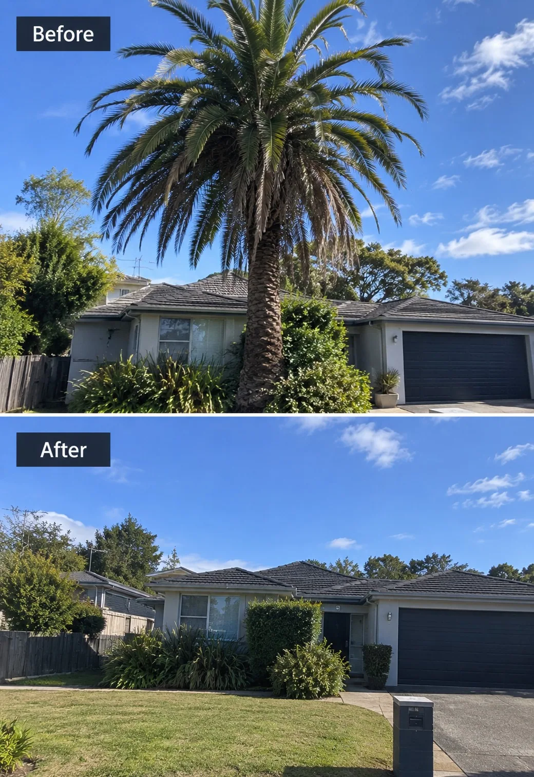 Before and after phoenix palm removal at a West Auckland property